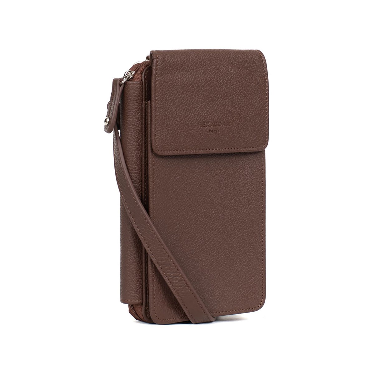 Pochette téléphone avec portefeuille CONFORT marron chocolat, HEXAGONA