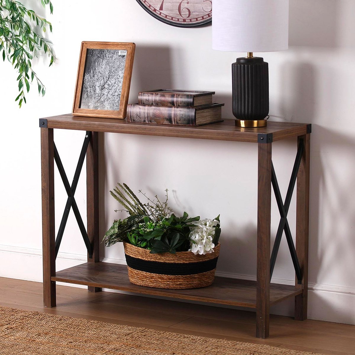 Console bois et métal noir 2 plateaux 100x35x76cm bois, WADIGA