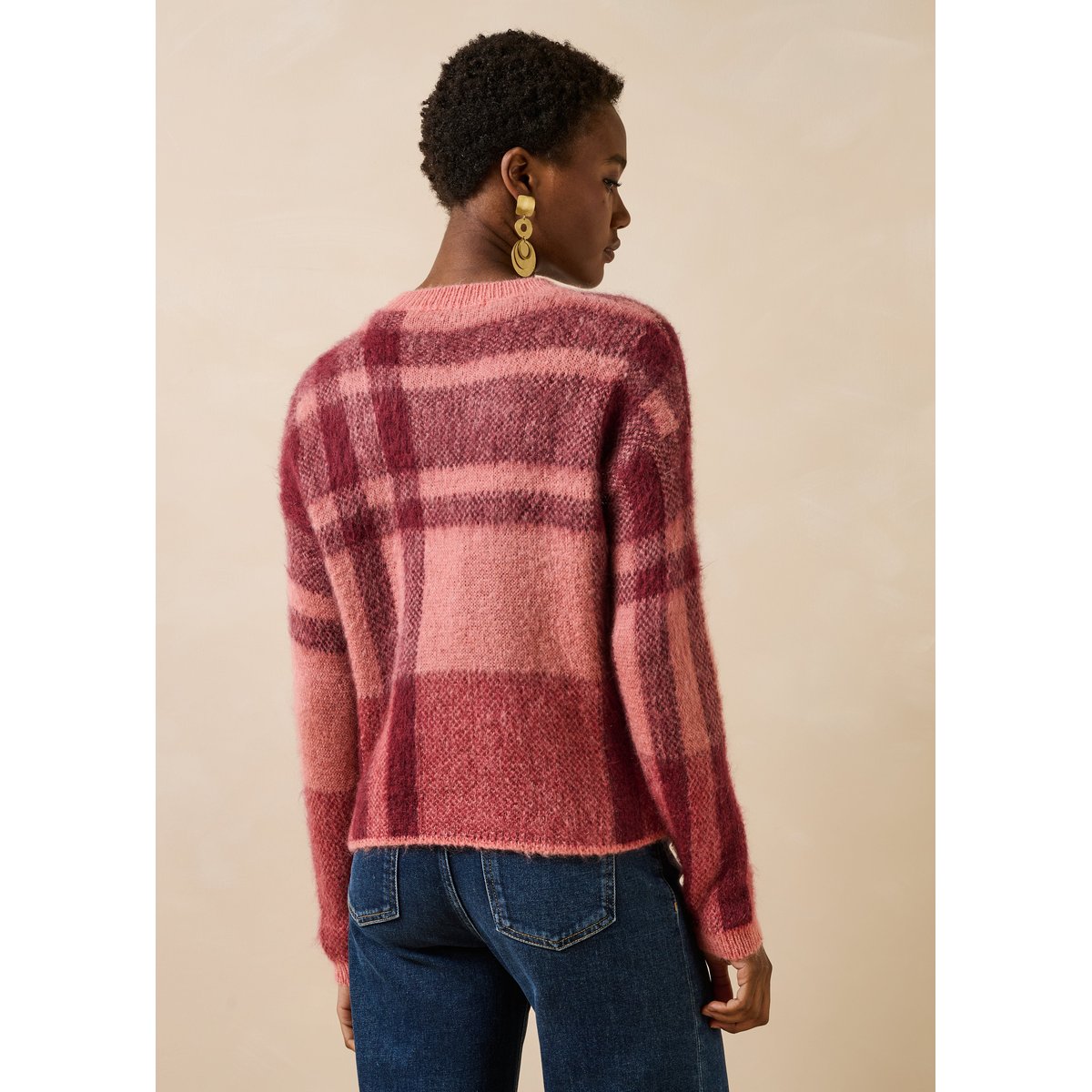 Pull manches longues en jacquard carreaux blush, LA FEE MARABOUTEE