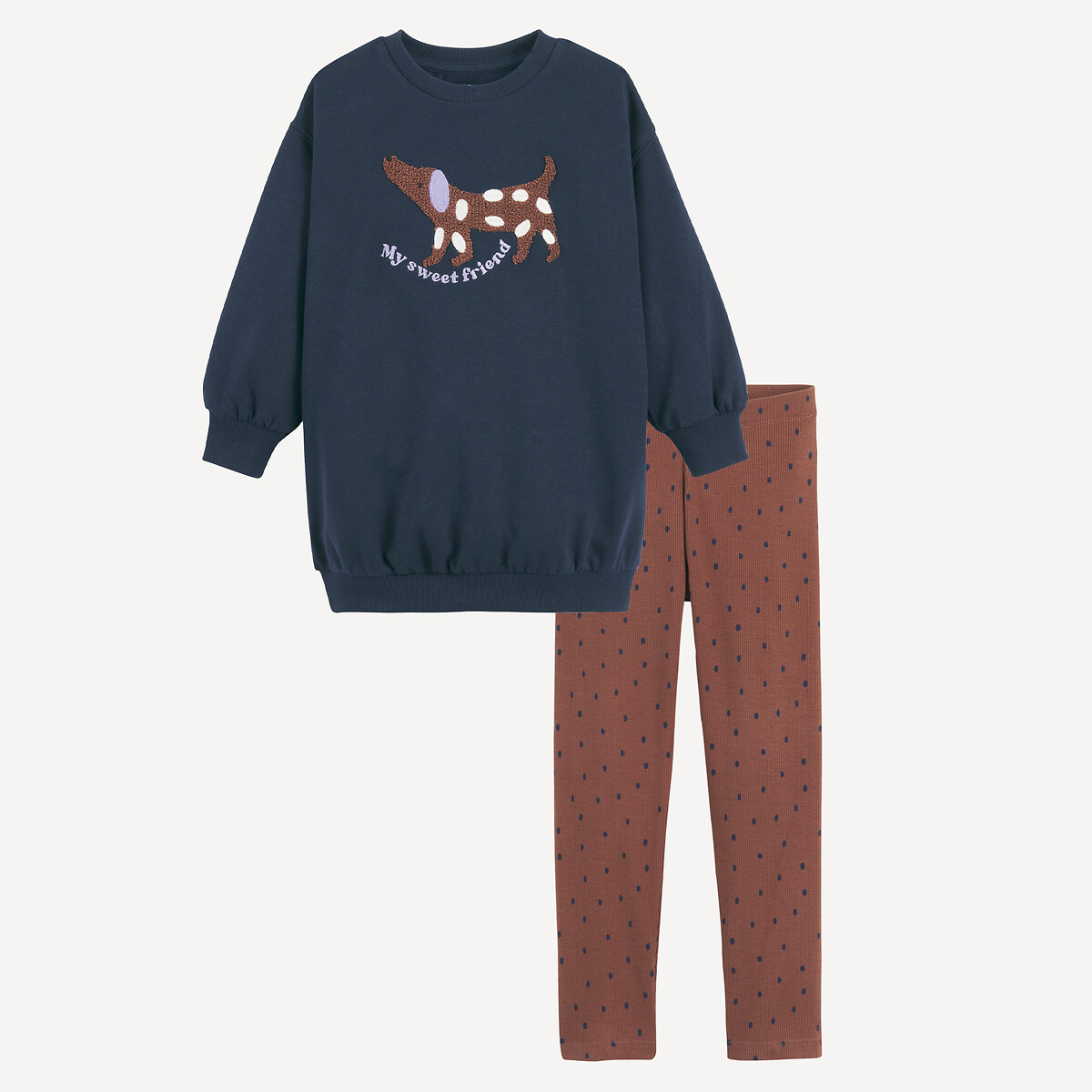 Molton sweater + legging bedrukt kastanje + marine, LA REDOUTE COLLECTIONS