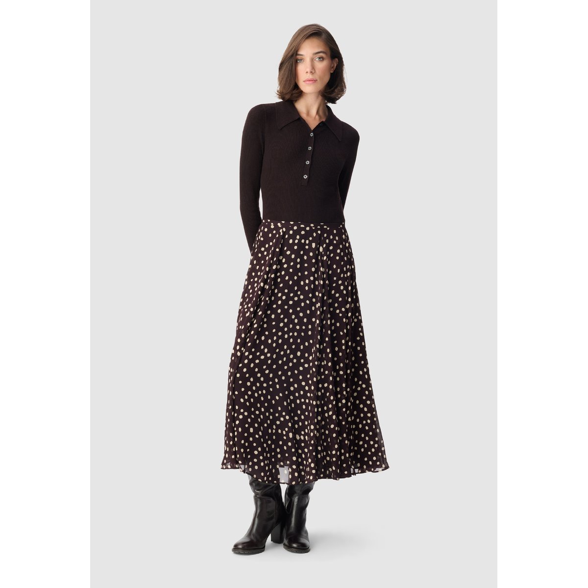 Jupe longue imprimé pois taille haute bleu nuit, IKKS