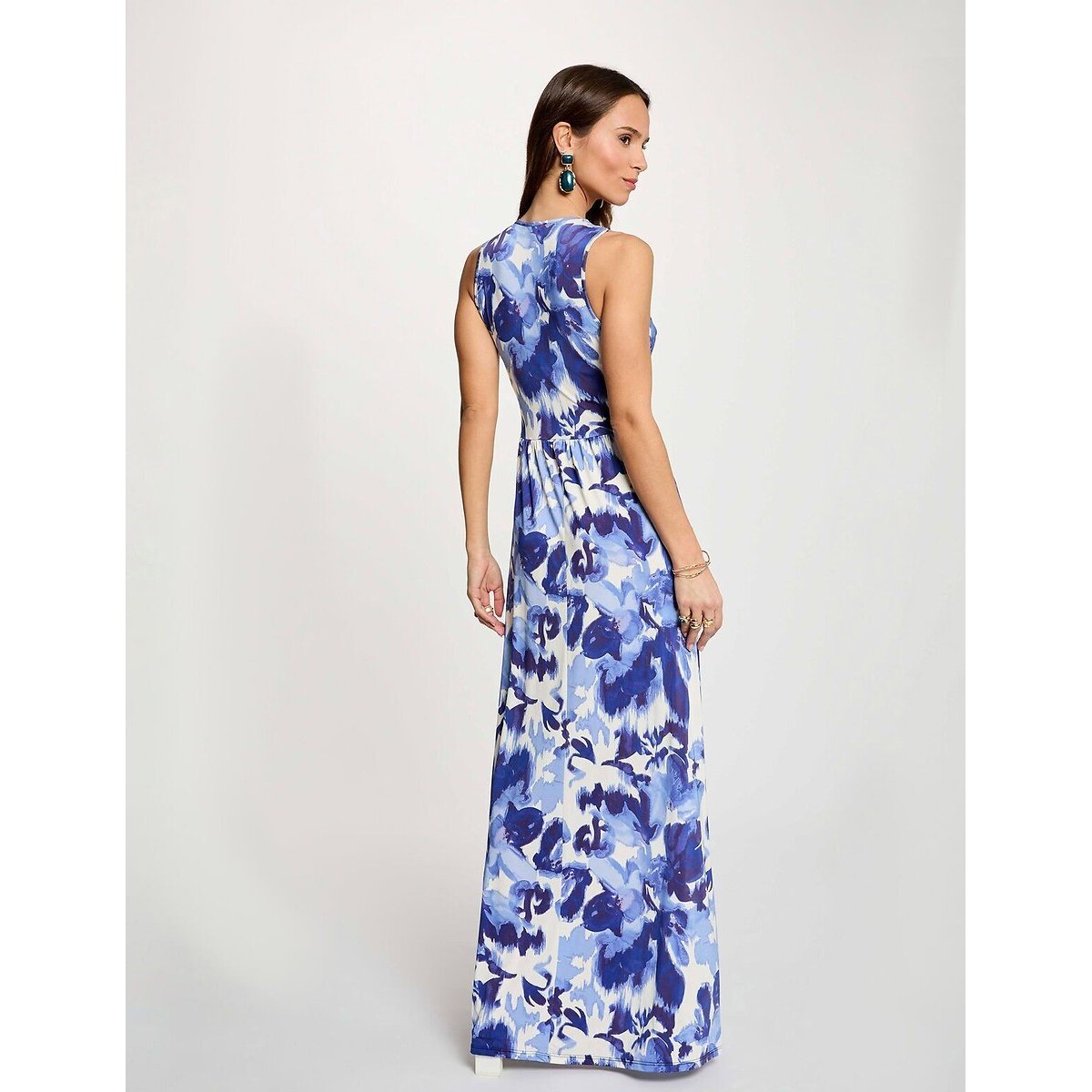 Robe longue imprimée col v imprimé bleu, MORGAN