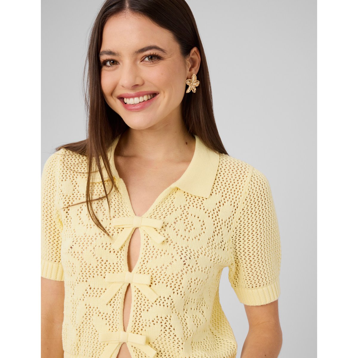 Pull manches courtes en crochet jaune, BZB