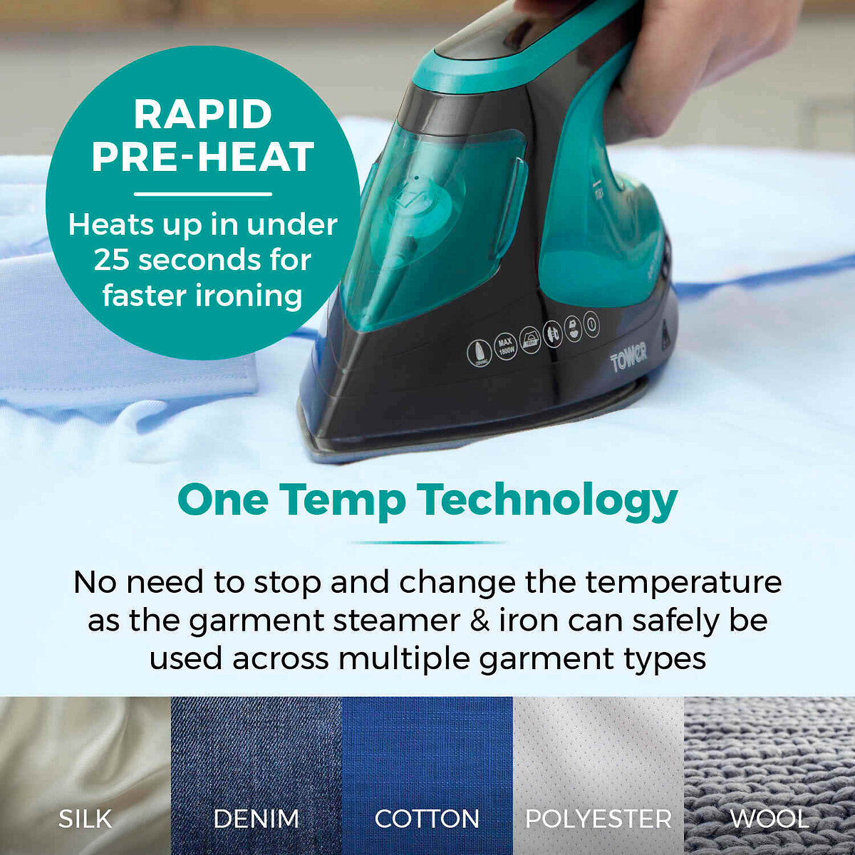 2-in-1 Garment Steamer and Iron - T22031TL blue, TOWER