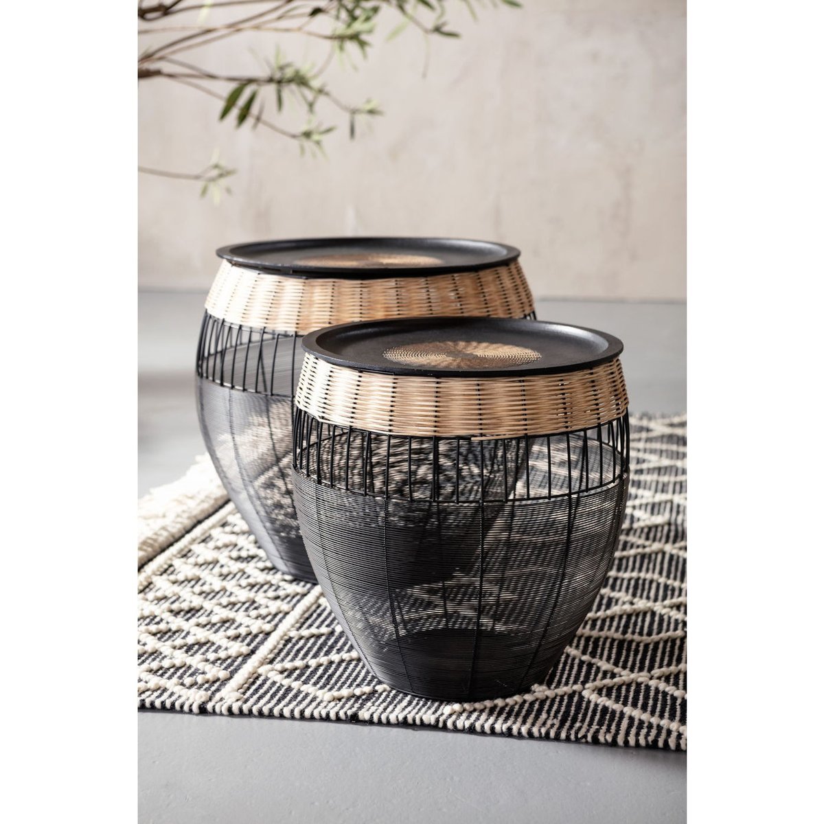 Lot de 2 tables d'appoint en acier et rotin, AFRICAN DRUMS noir, KARE DESIGN