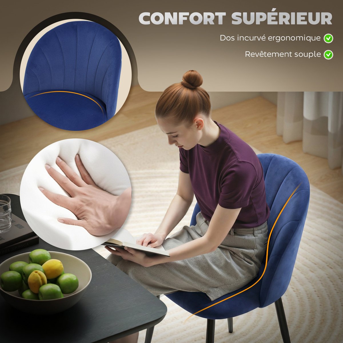 Chaise de salle à manger Velours (100 % bleu, noir, HOMCOM