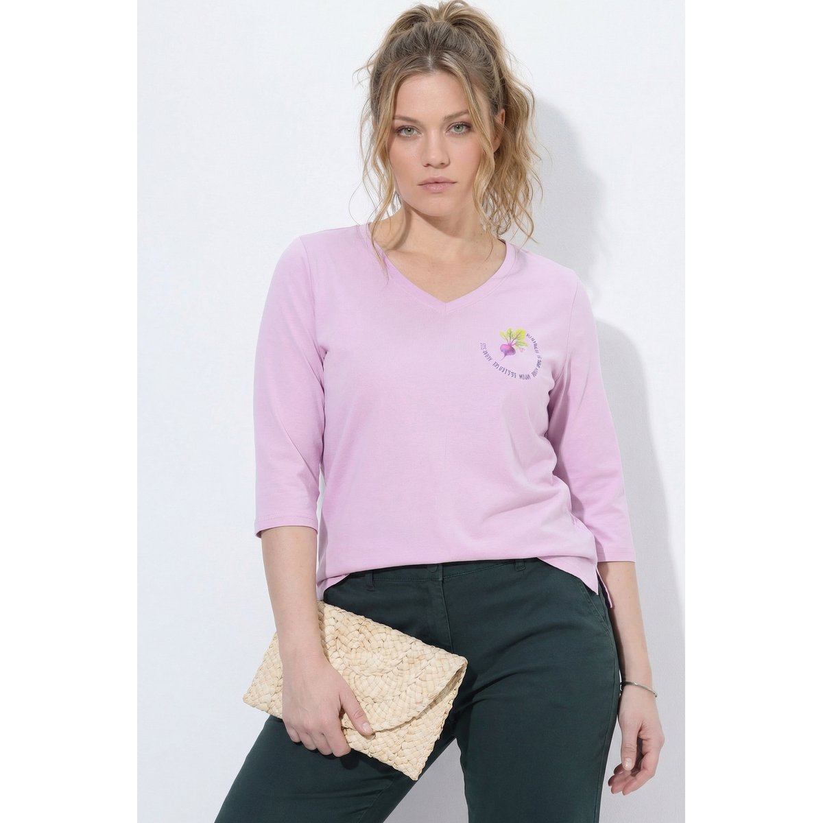 T-shirt en coton bio, motif radis vieux rose, ULLA POPKEN