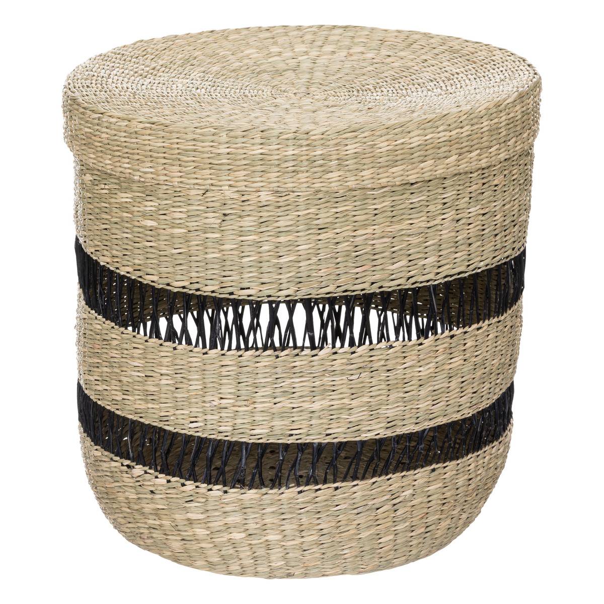 Lot de 2 paniers cylindriques avec couvercle en jonc tressé ajouré JAYLA beige, ATMOSPHERA
