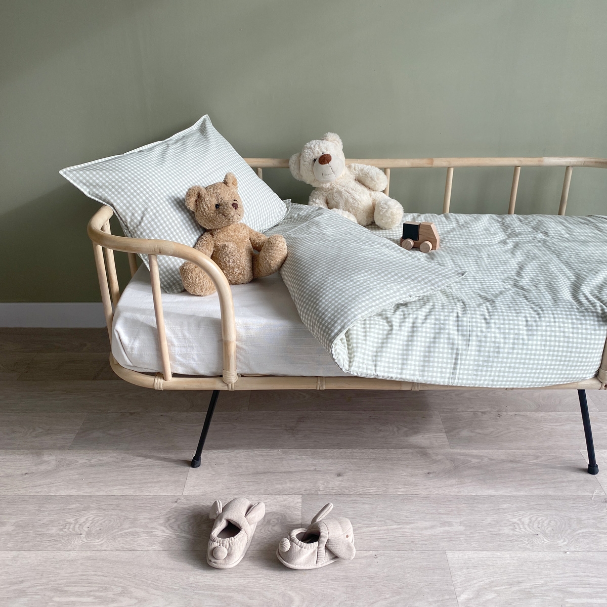 Parure de couette bébé vichy coton bio OLIVE vert, LITTLE CREVETTE