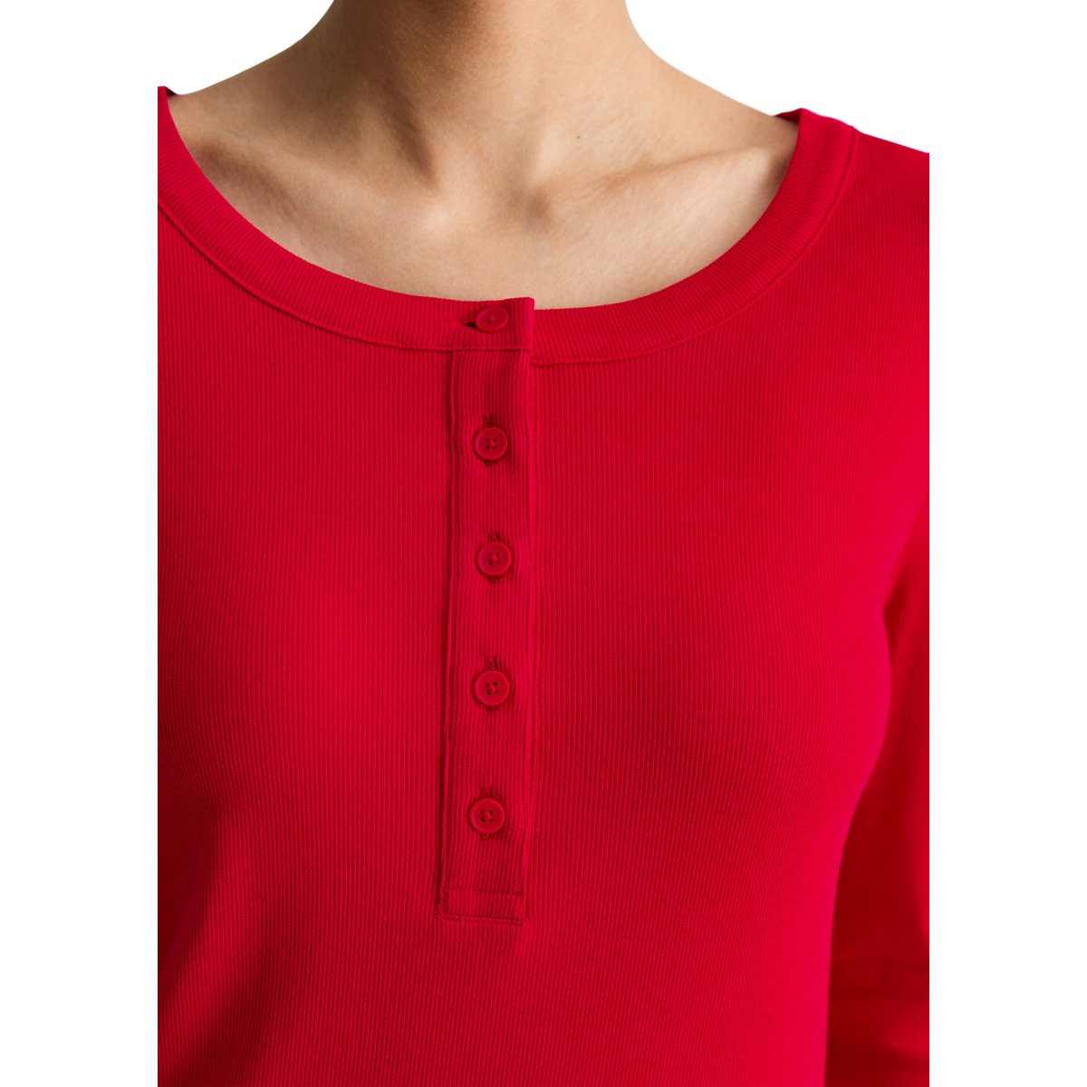 Serafino-Longsleeve regular en jersey côtelé doux rouge clair, MARC O’POLO DENIM
