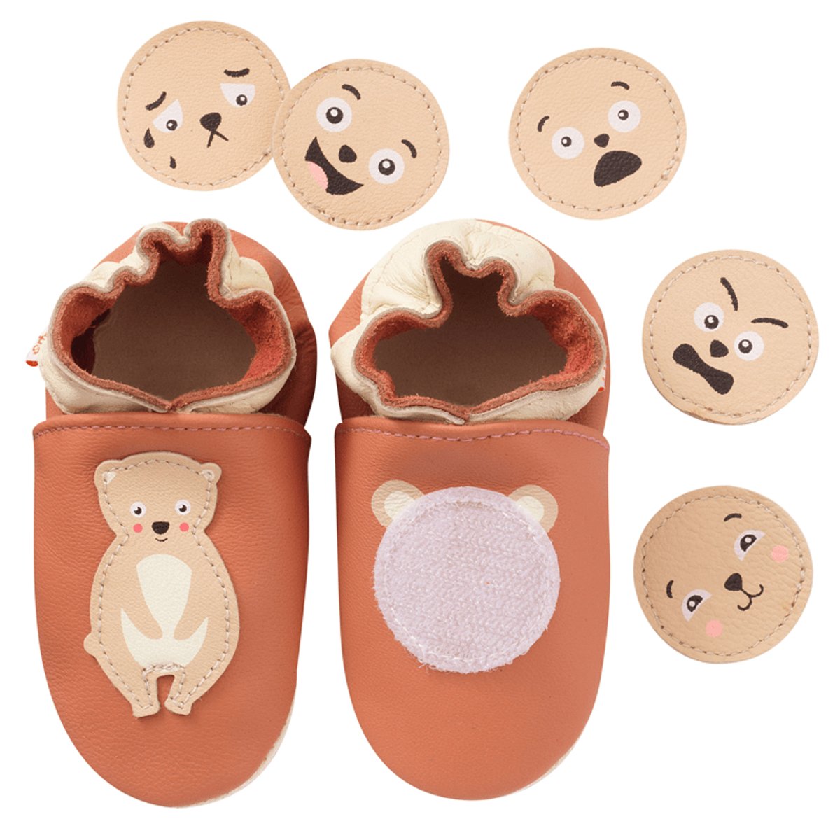 Chaussons bébé cuir souple à emotions orange, TICHOUPS