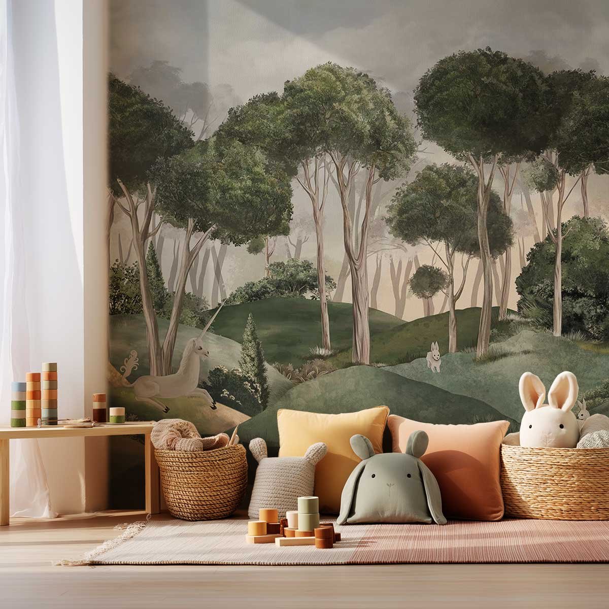 Papier peint licorne Le Conte de la Licorne vert, HEXOA