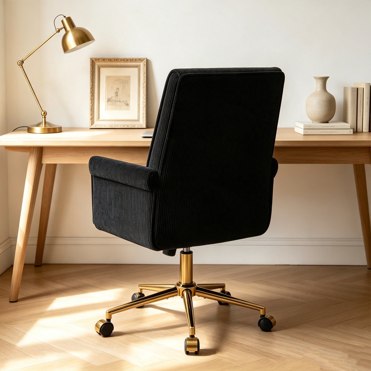 Chaise de bureau pivotante réglable en hauteur en velours côtelé, ELVAN noir, MEUBLES COSY