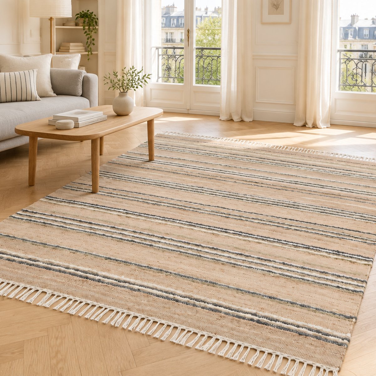 Tapis rayé fait main en laine et jute RAJ beige sable, AFK LIVING