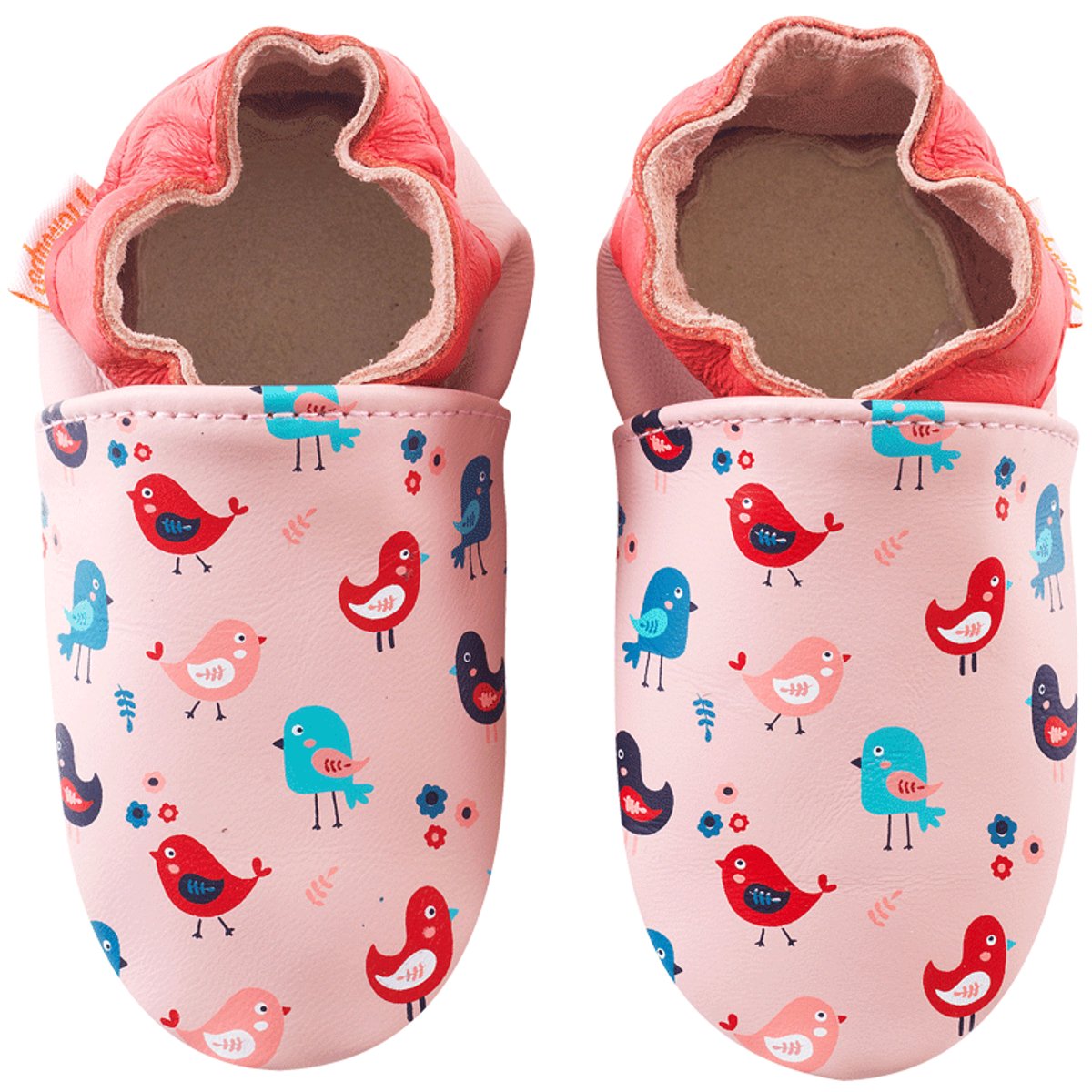 Chaussons bébé cuir souple Margaux les oiseaux rose, TICHOUPS