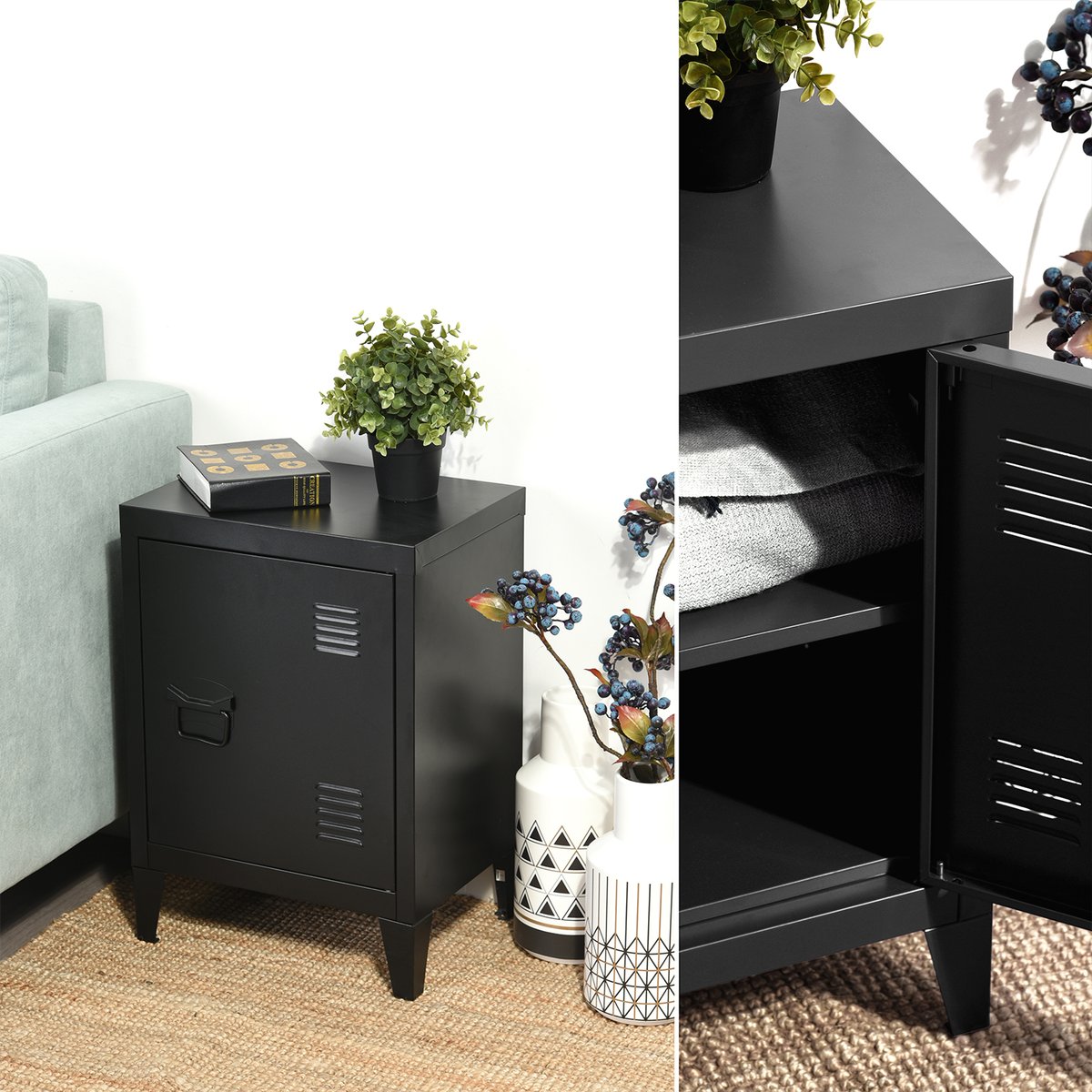 Armoire de rangement en métal 1 porte 1 étagère style industriel, GRAVES noir, MEUBLES COSY