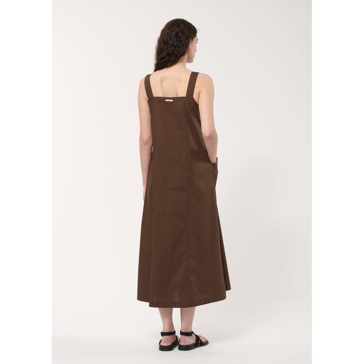 Robe longue trapèze en popeline de coton chocolat, HUMILITY