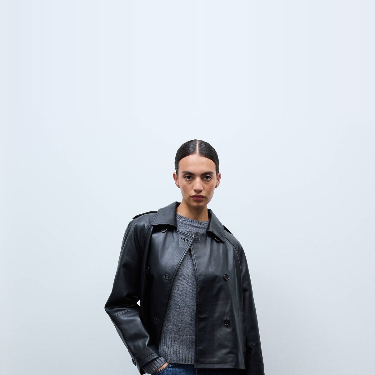 Caban court en cuir noir, MONOPRIX
