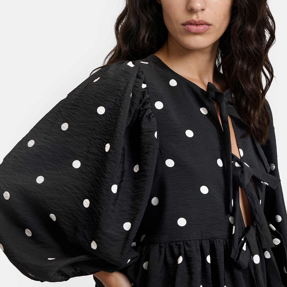 Blusa con lazos, de lunares y mangas abullonadas estampado lunares negro/blanco, LA REDOUTE COLLECTIONS