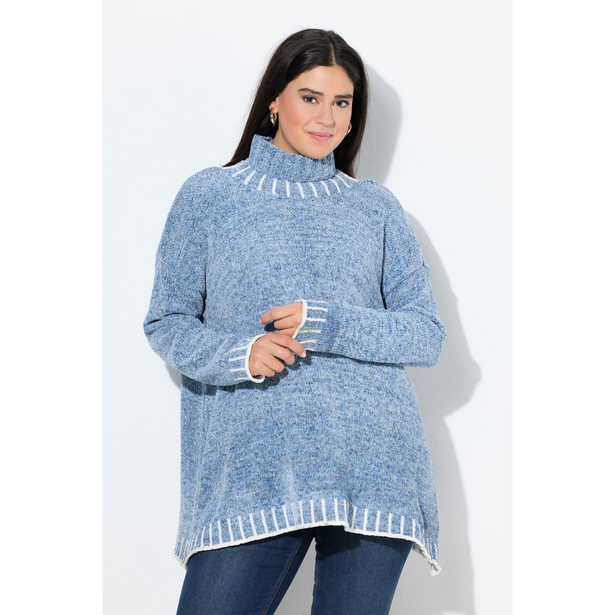 Pull poncho en maille chenille, oversized bleu pigeon, ULLA POPKEN