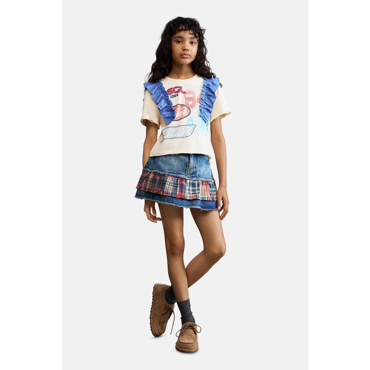 T-shirt imprimé à volants beige, DESIGUAL