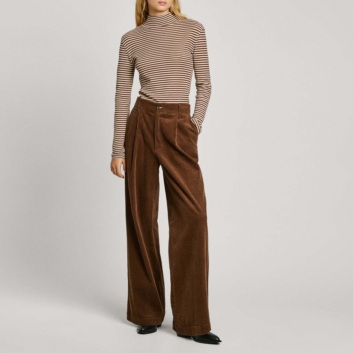 Pantalon large en velours, pinces sur le devant DA brun terre, PEPE JEANS