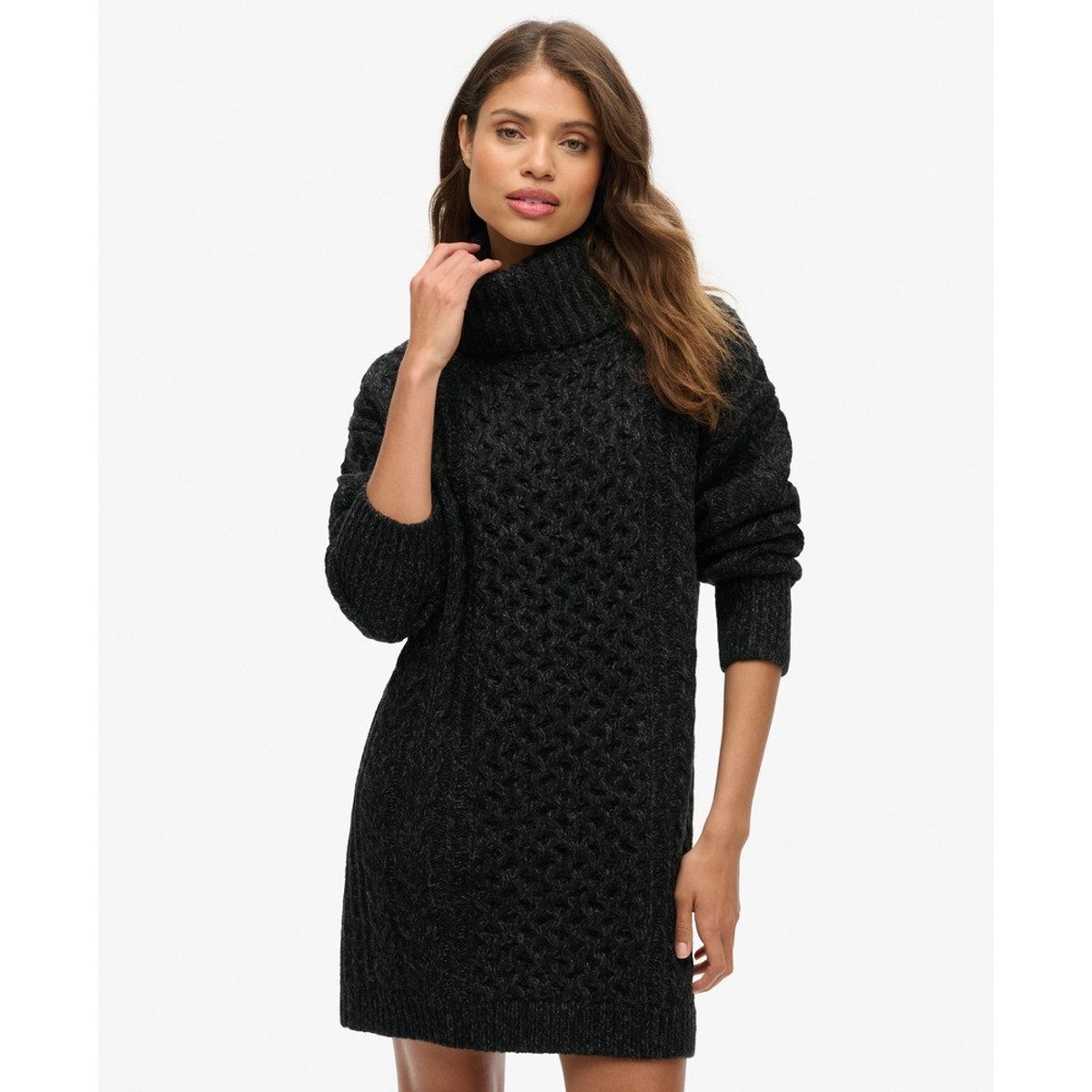 Rollneck Cable Jumper Dress noir, SUPERDRY