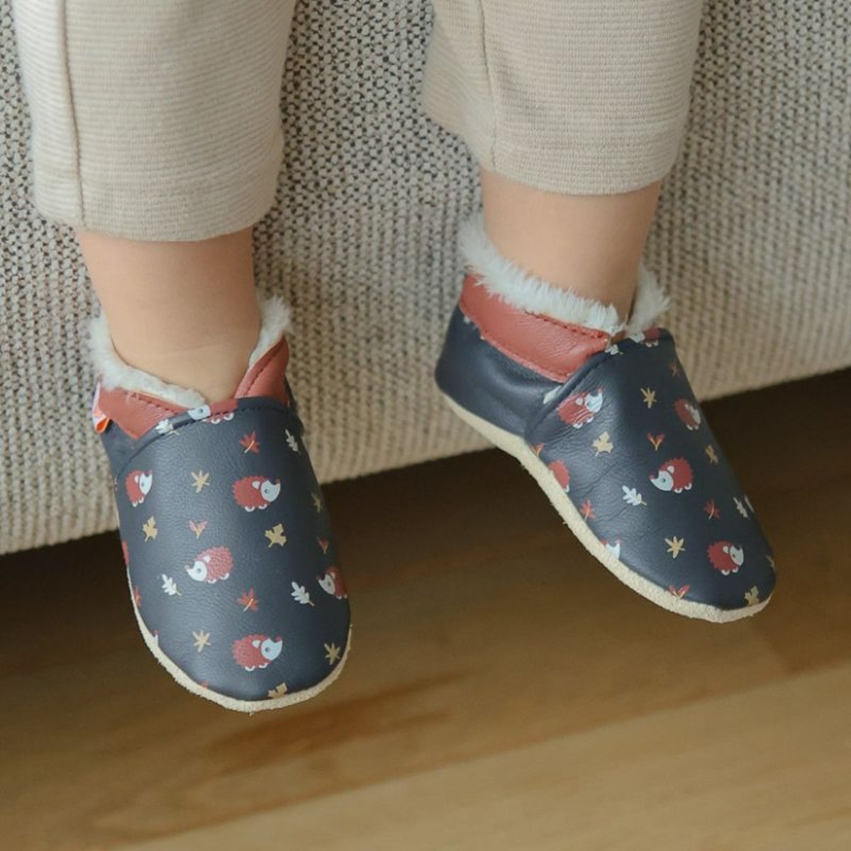 Chaussons cuir souple fourrés Philéon les hérissons bleu marine, TICHOUPS