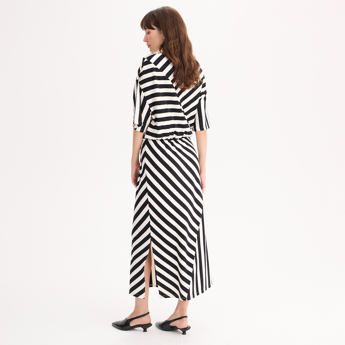 Robe droite à rayures, mi-longue, manches courtes rayé noir, ANNE WEYBURN