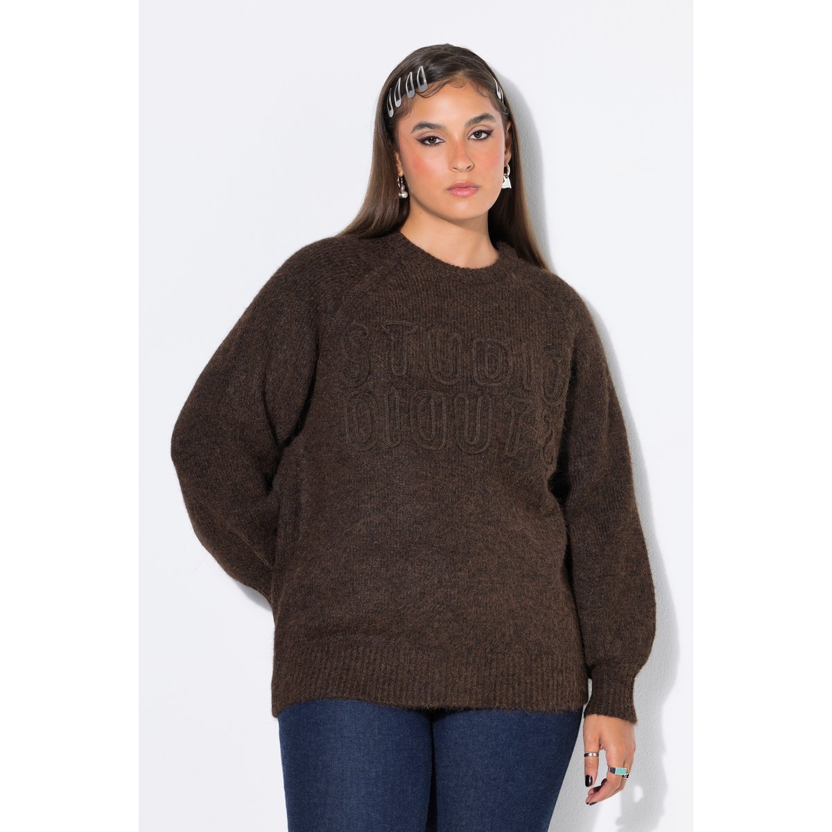 Pull, coupe classique, STUDIO, manches ballon marron pin, STUDIO UNTOLD
