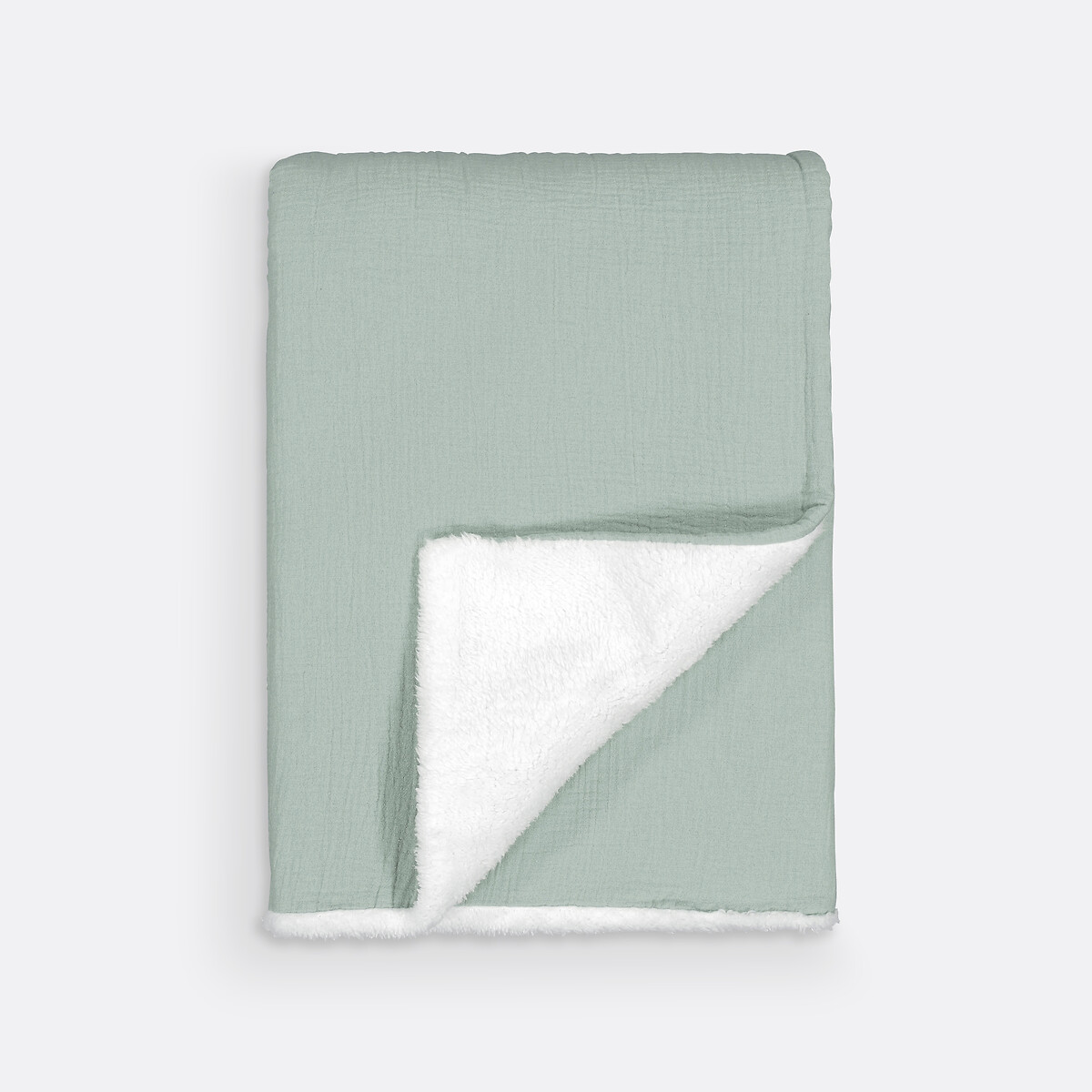 Couverture unie bébé gaze coton et sherpa Kumla vert de gris, LA REDOUTE INTERIEURS