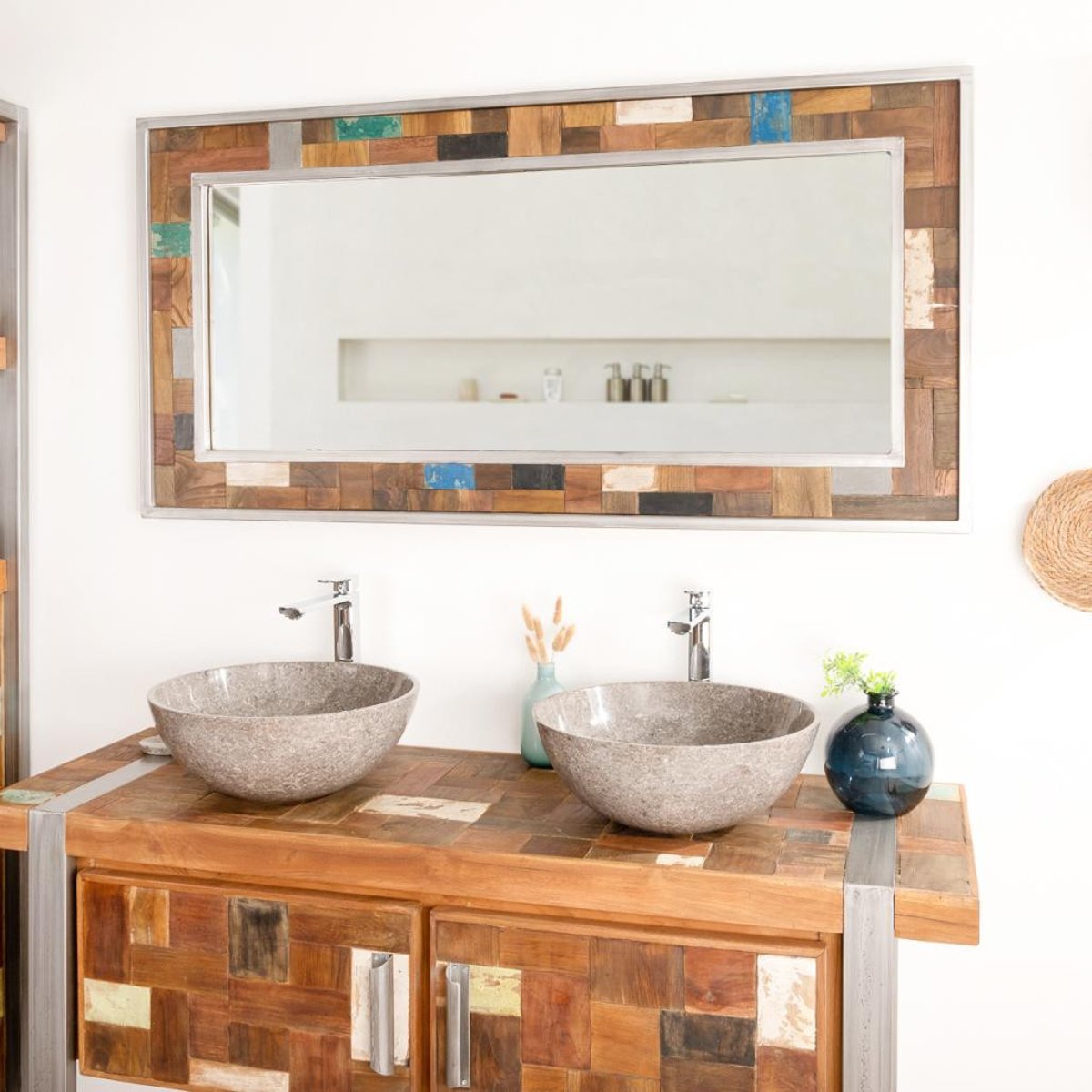 Grand miroir de bois métal rectangle 140x70 FACTORY naturel, WANDA COLLECTION