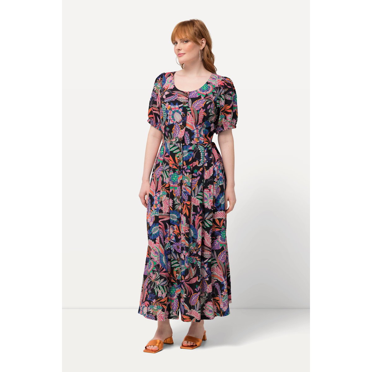 Robe, feuilles, mélange de lin, col rond noir, ULLA POPKEN