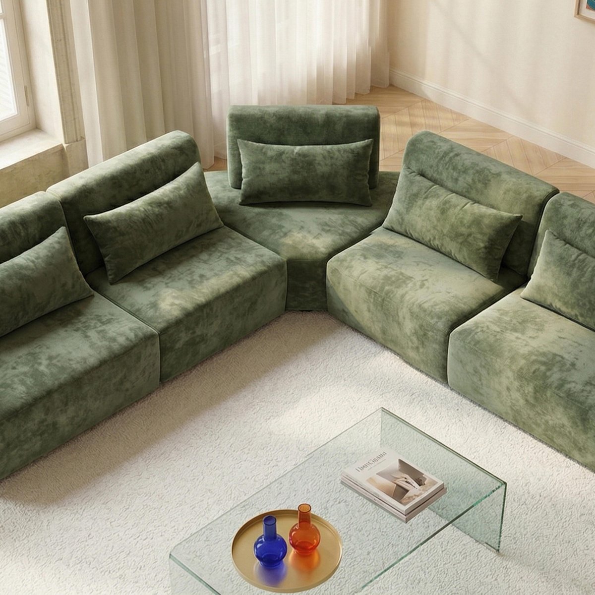 Canapé modulable d'angle 5 places en tissu avec coussins dossier ajustable, CALLISTO vert, OVIALA