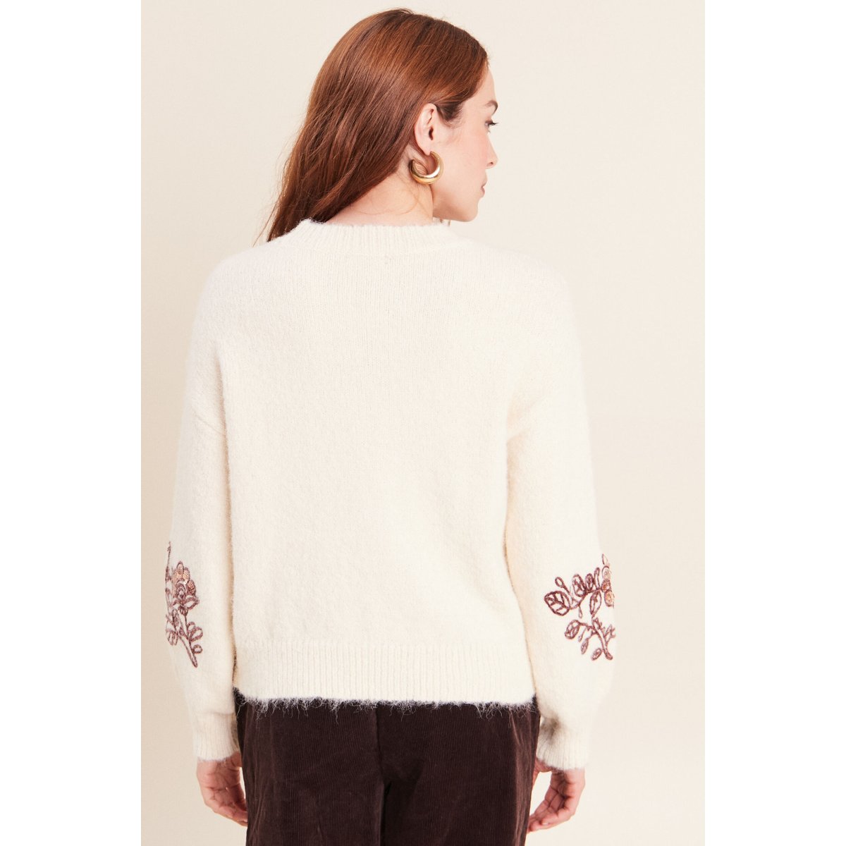 Pull col rond brodé à sequins ecru, BREAL