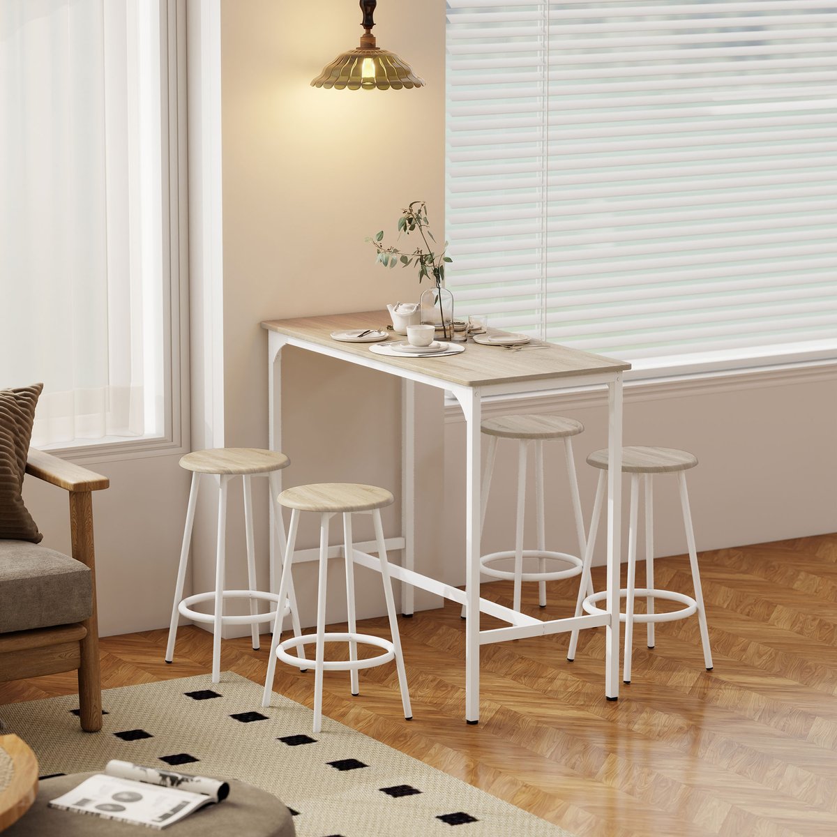 Ensemble de table de bar Métal effet bois naturel, blanc, HOMCOM