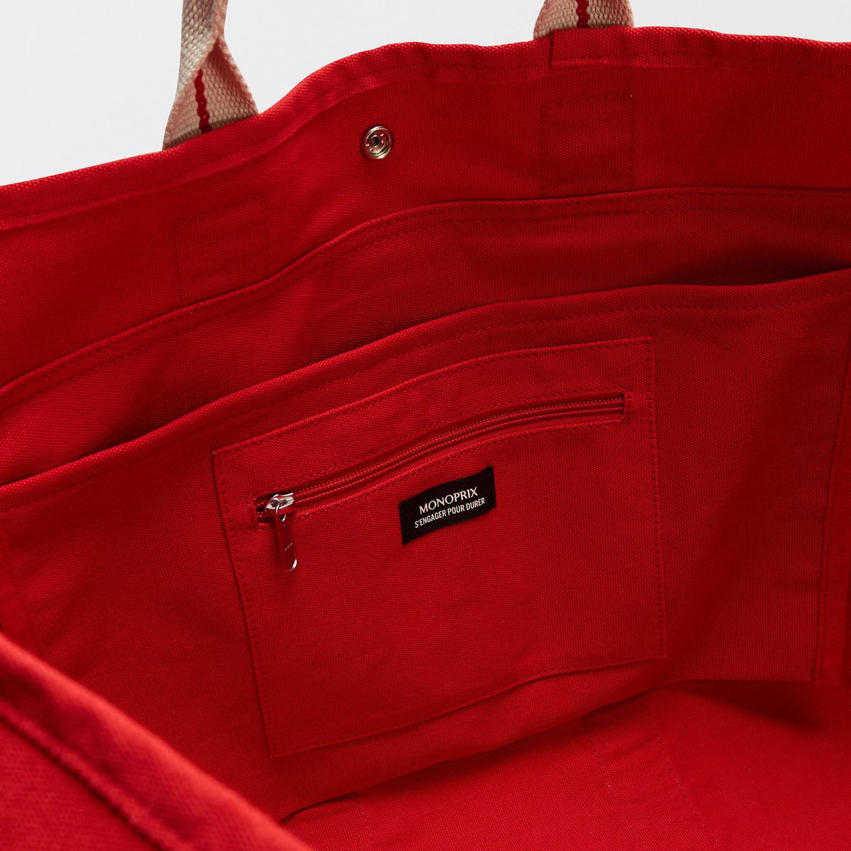 Cabas en coton à anses contrastées rouge, MONOPRIX