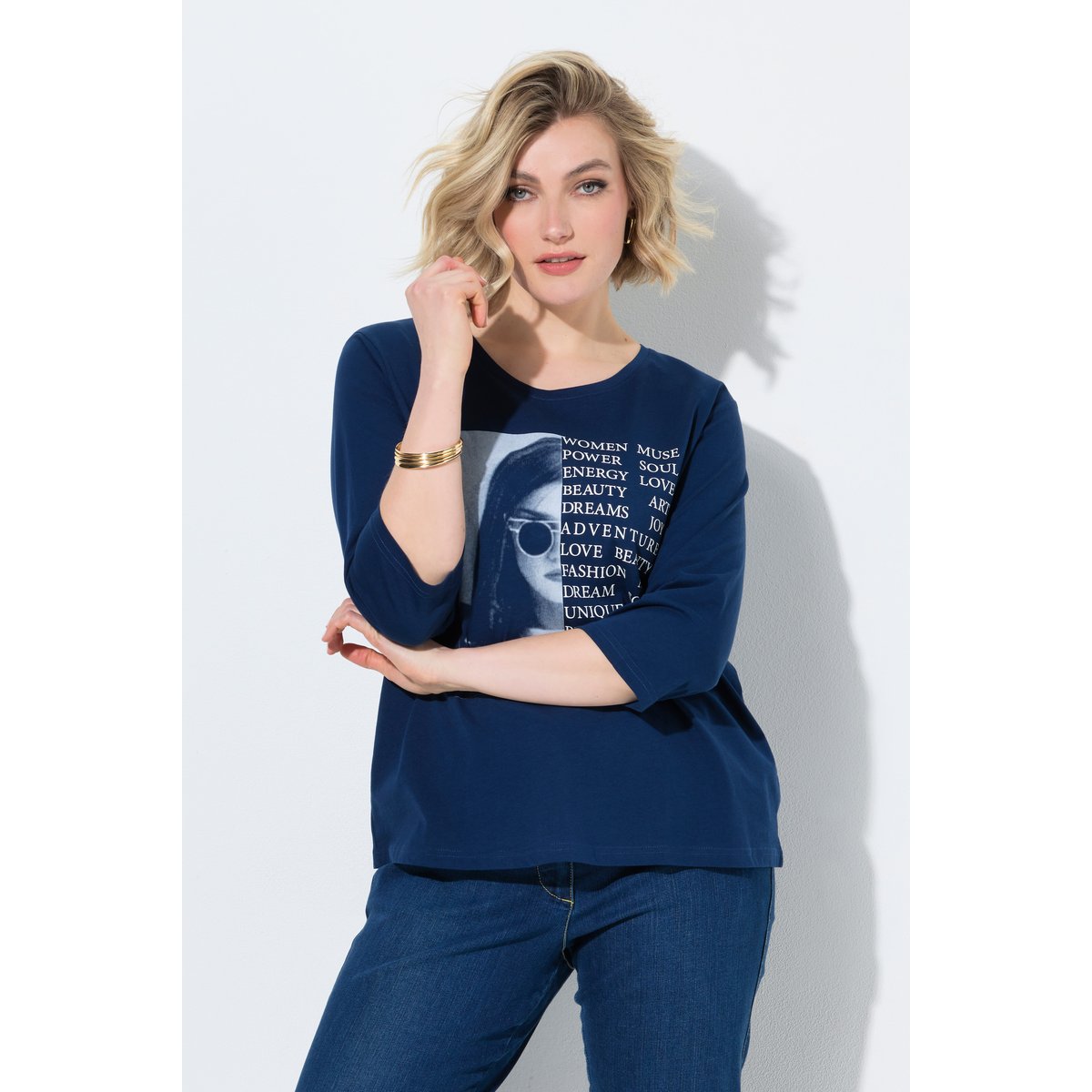 T-shirt avec imprimé photo/message bleu foncé, ULLA POPKEN