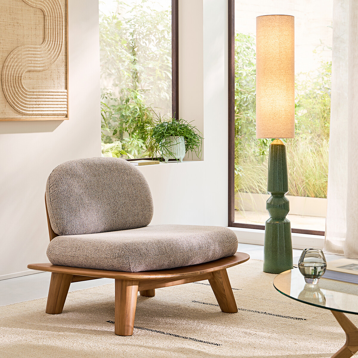 Fauteuil en teck massif et coussins en tissu chiné, MAZAI teck, AM.PM