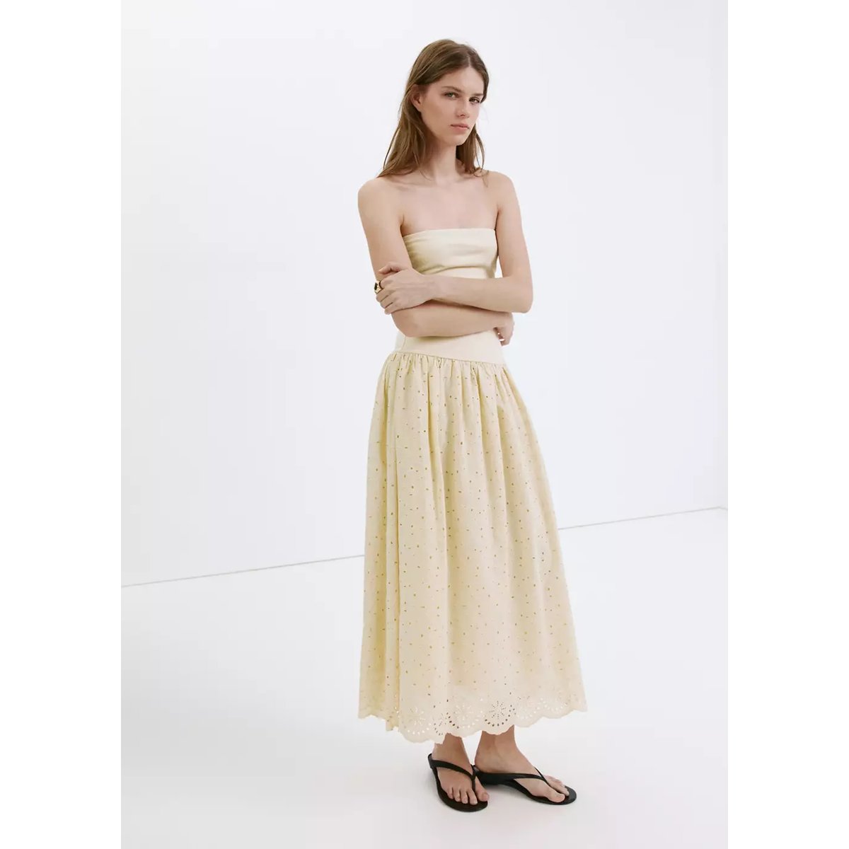 Robe bustier à broderie ajourée sable, MANGO