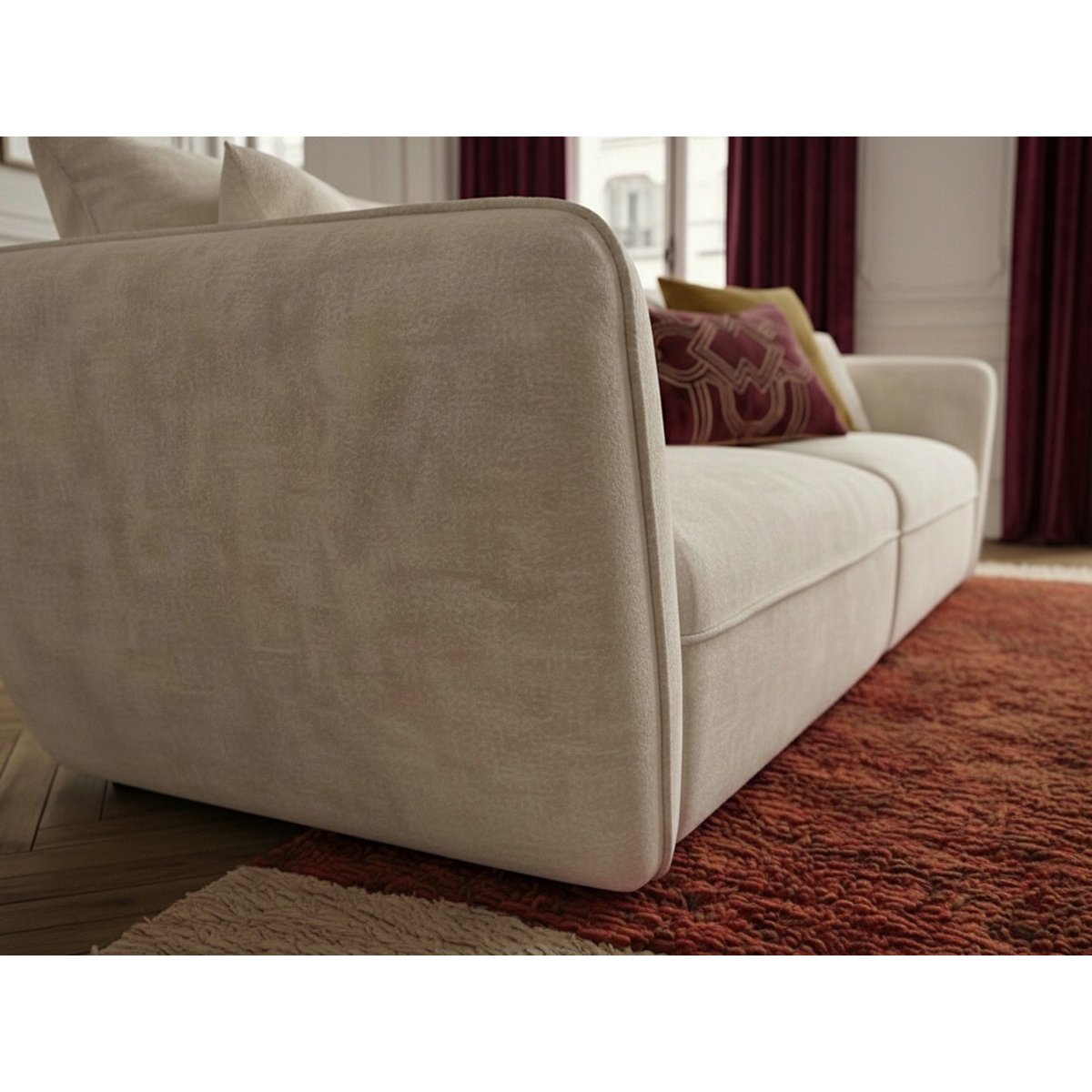 Canapé droit fixe 3 places en tissu texturé avec pouf, LUIGI blanc, BOBOCHIC