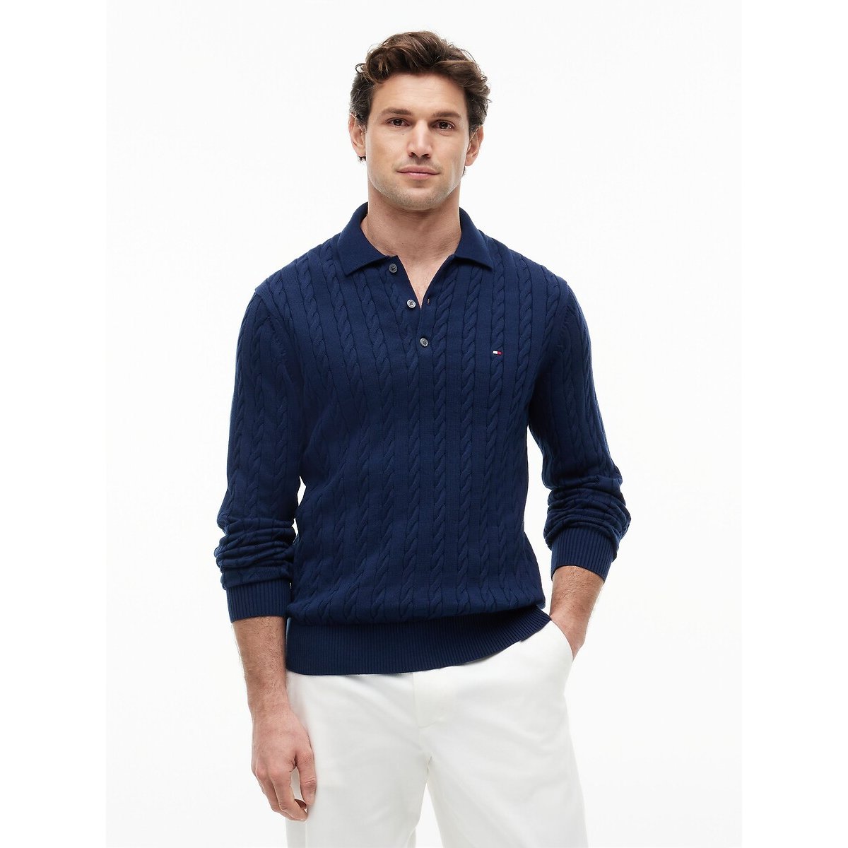 Camisola estruturada com gola polo e botões marinho, TOMMY HILFIGER