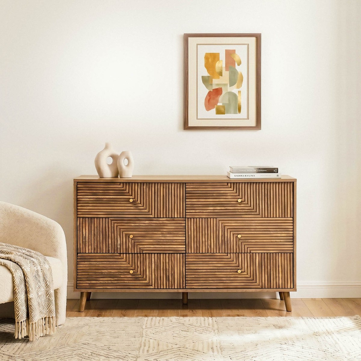 Commode 6 tiroirs façades lamellées EDEN bois clair, CALICOSY