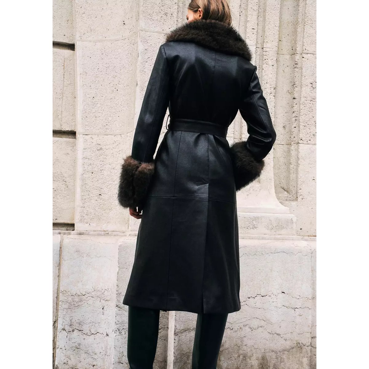 Manteau simili-cuir bordures imitation fourrure noir, MANGO