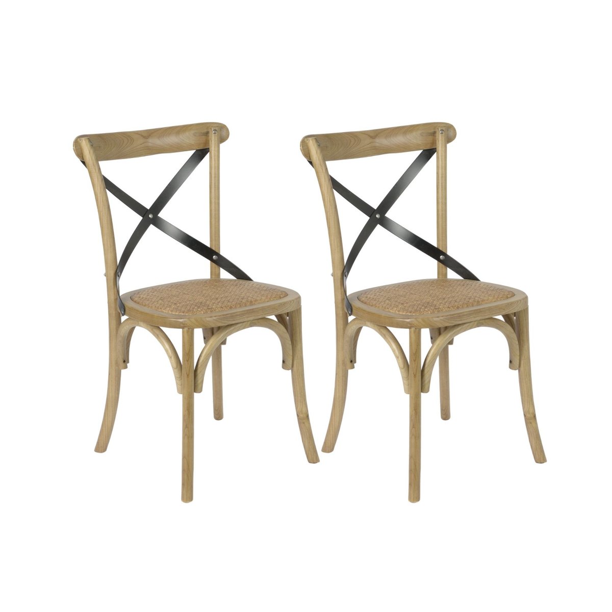 Chaises en bois massif et métal assise rotin (lot de 2) - BISTROT bois clair, HELLIN, DEPUIS 1862