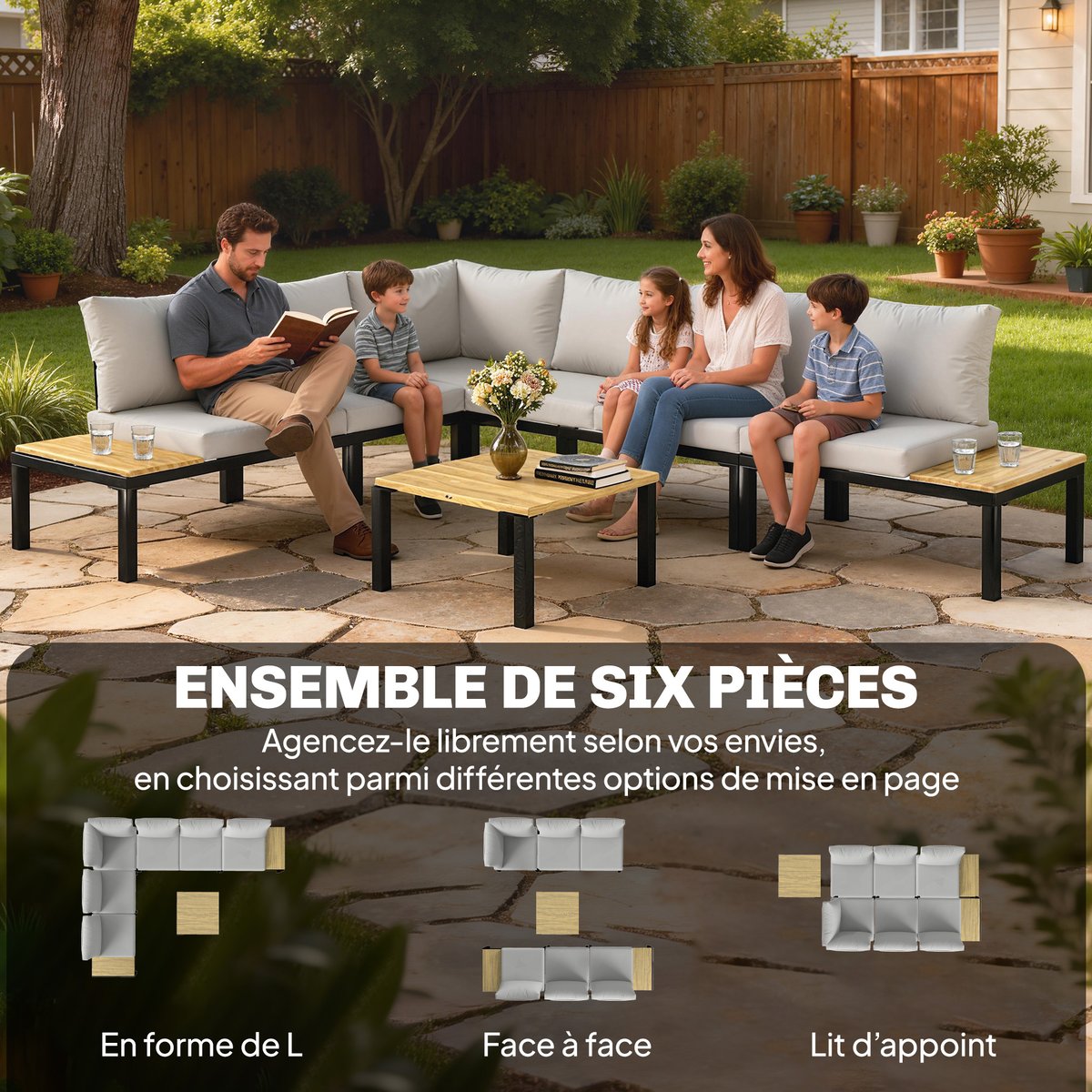 Ensemble de canapés de jardin Acier Gris gris clair, bois, noir, OUTSUNNY