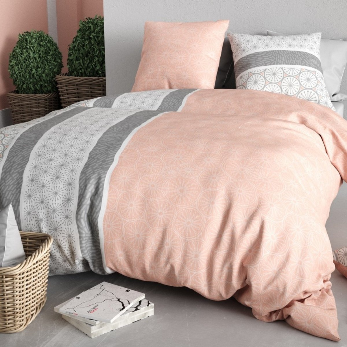 Housse de couette 100% coton 57 fils + 2 taies d’oreiller rose, DECORATIE