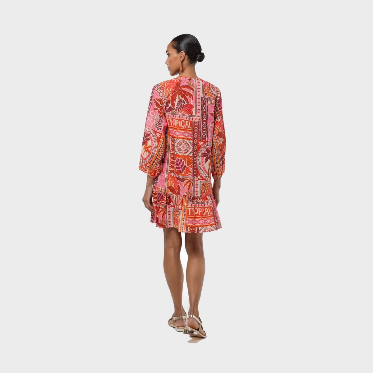 Robe courte imprimée à manches longues avec lien pompon corail, LOLA CASADEMUNT