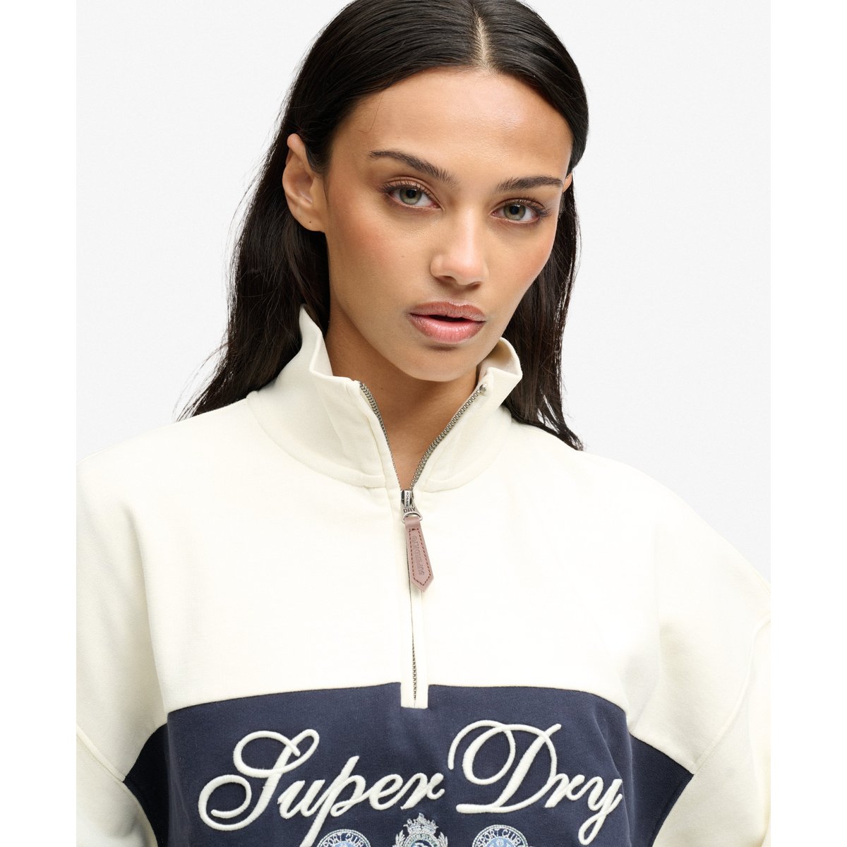 Sweat Ornate Script Half Zip Coupe Décontractée crème, SUPERDRY