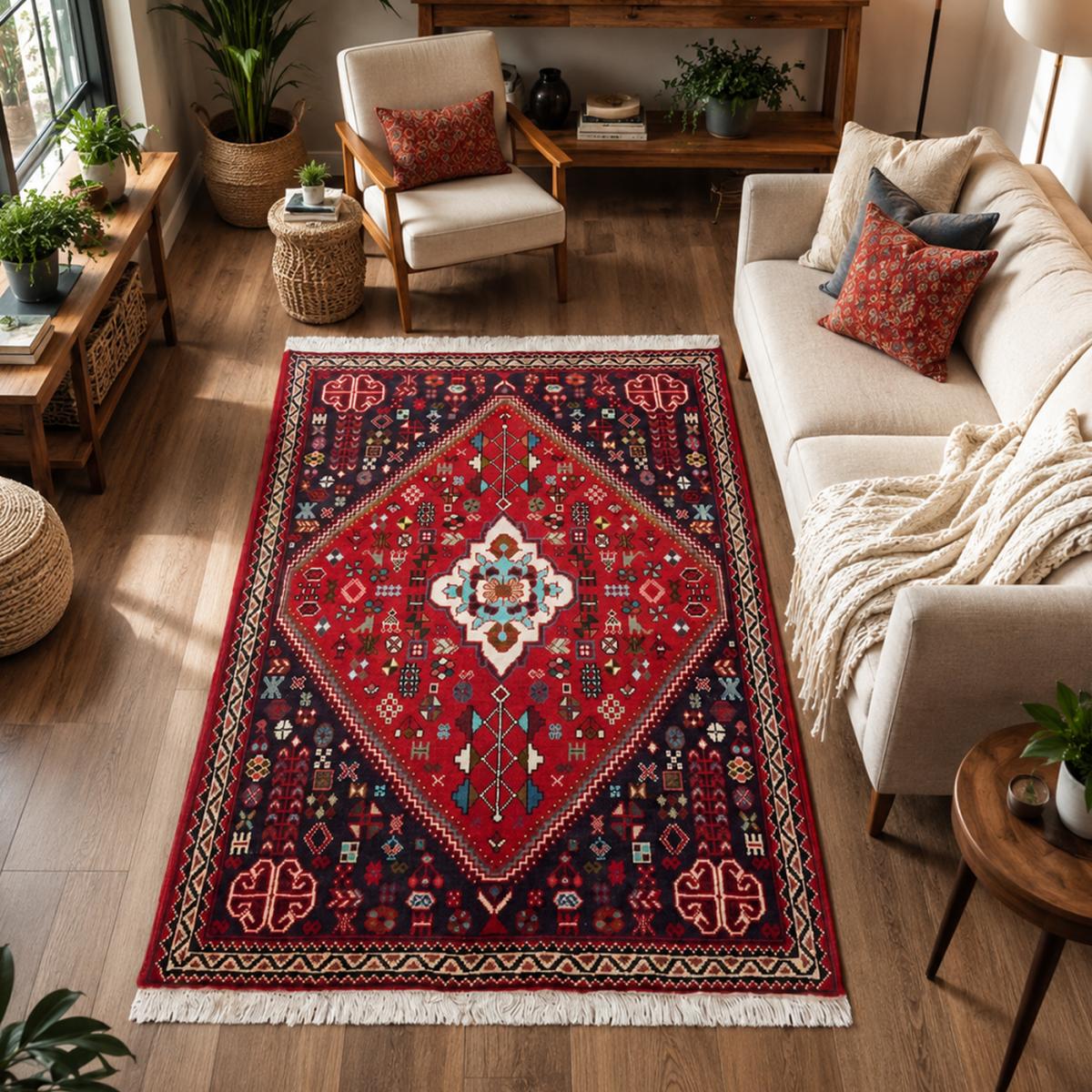 Tapis d'orient, motif oriental authentique, noué main, ABADEH 1 rouge, bleu, noir, UN AMOUR DE TAPIS